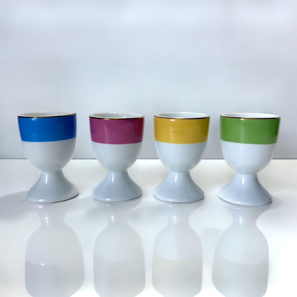 Pottery Barn Egg Cup Set 4 Gold Trim Color Block Porcelain